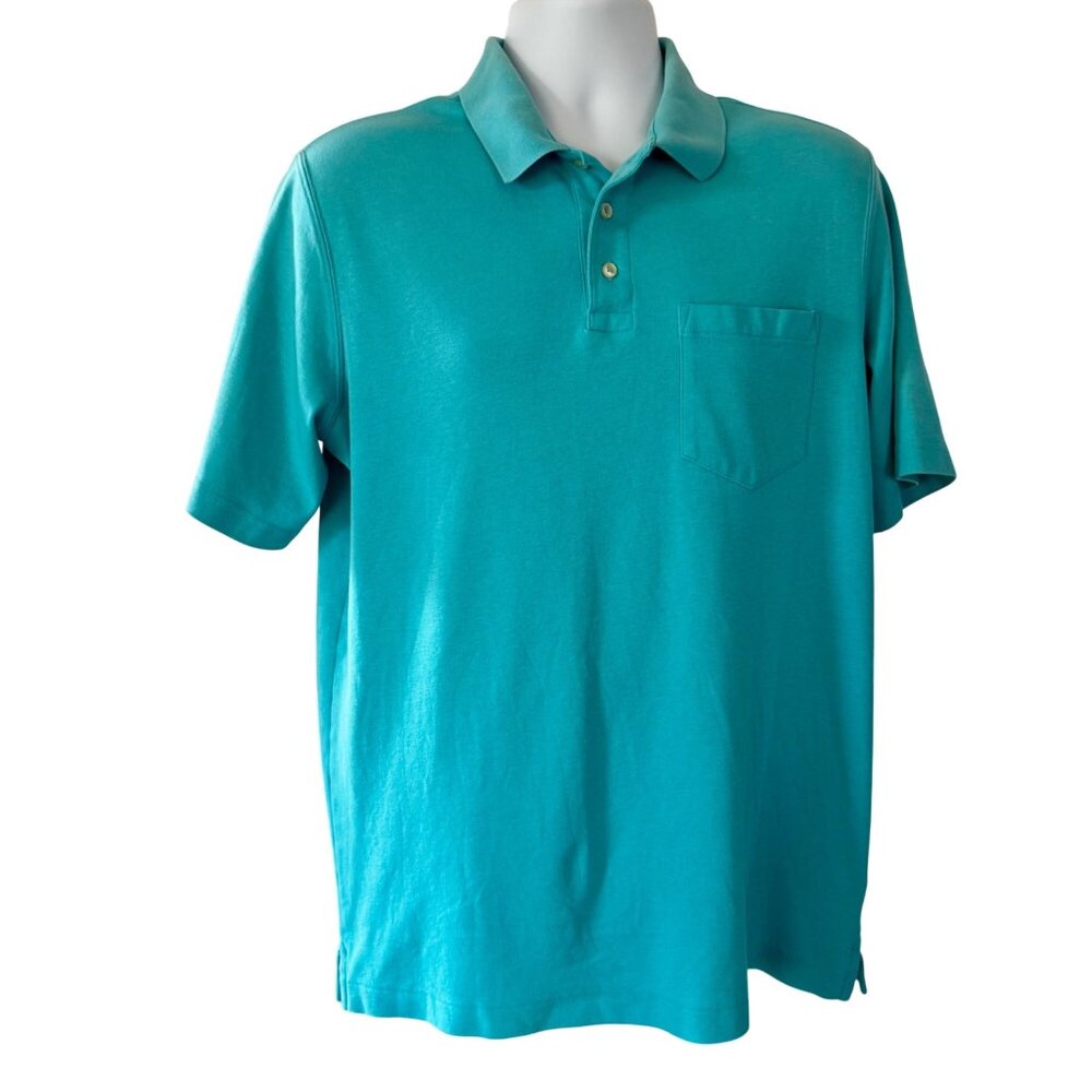 Lands End Mens Turquoise Polo Shirt Large 42-44 Short Sleeve Pima Cotton